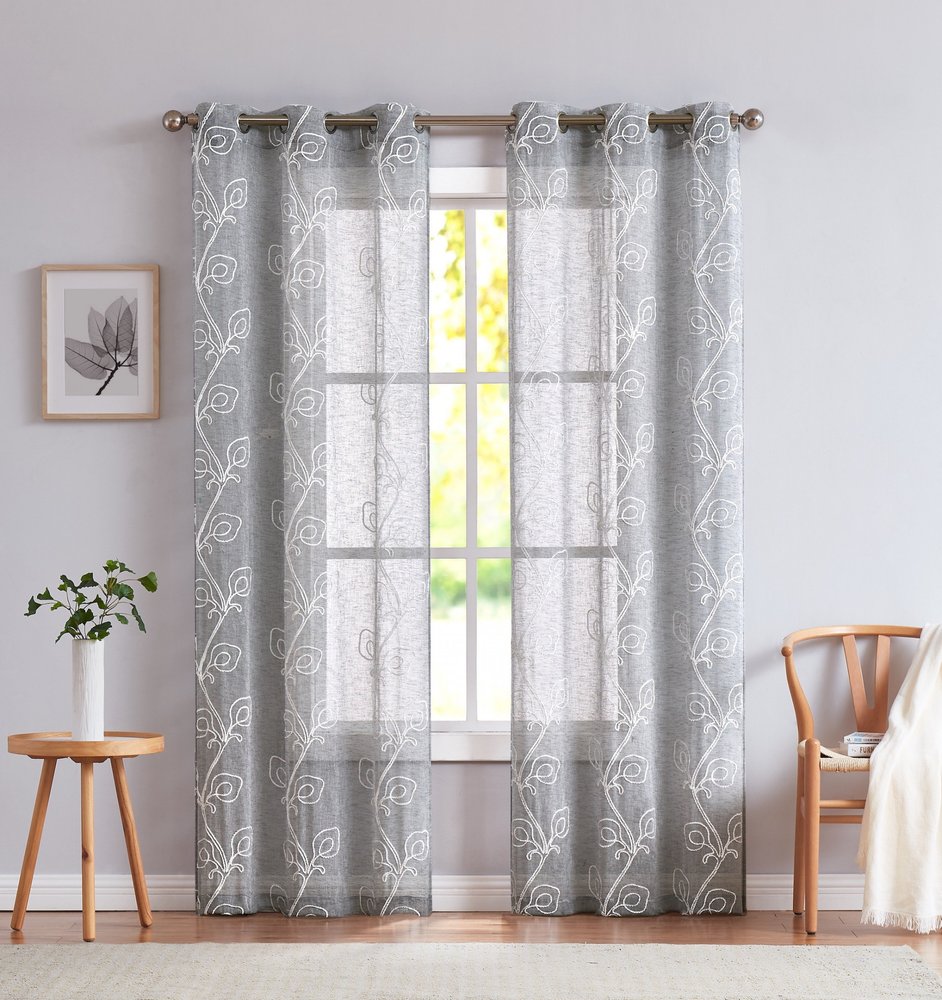 Set of Two 84" Silver Boho Embroidered Window Panels