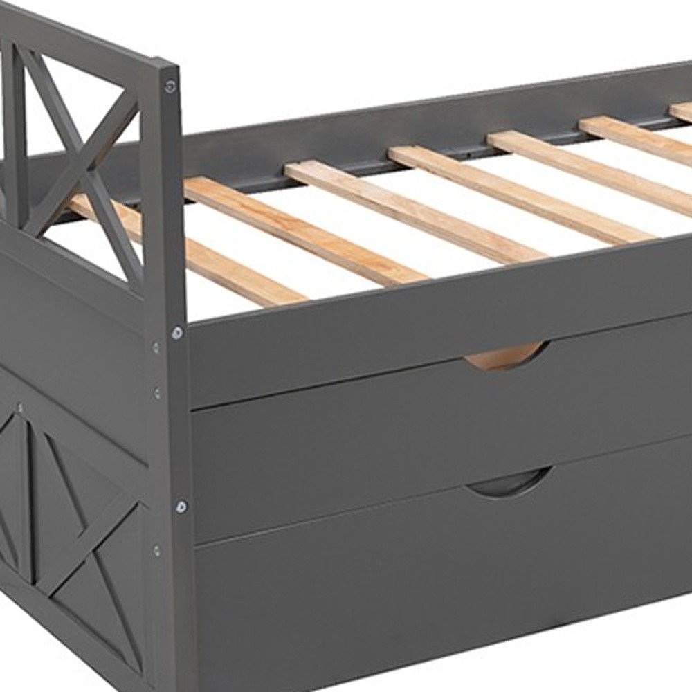 Gray Cross Back Wood Twin With Two Drawers Bed Frame with Trundle