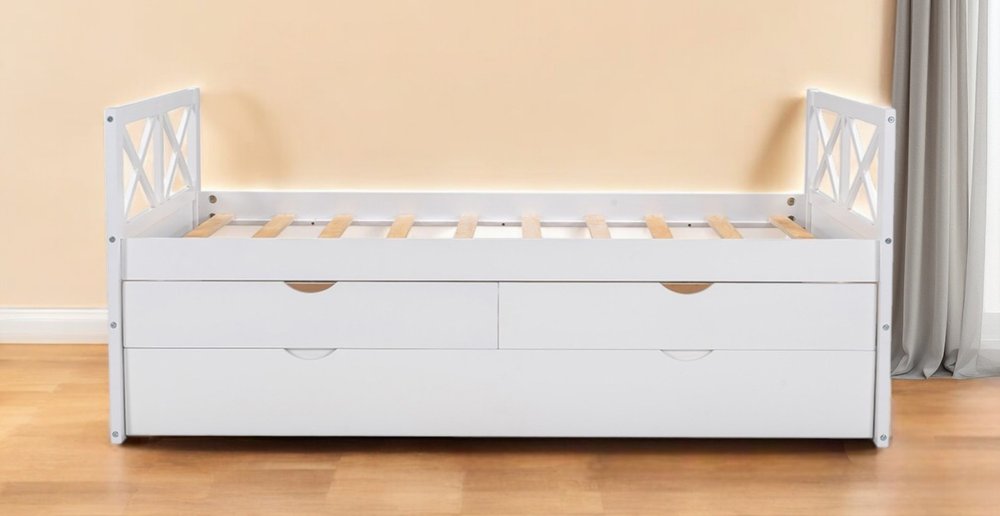White Cross Back Wood Twin With Two Drawers Bed Frame with Trundle