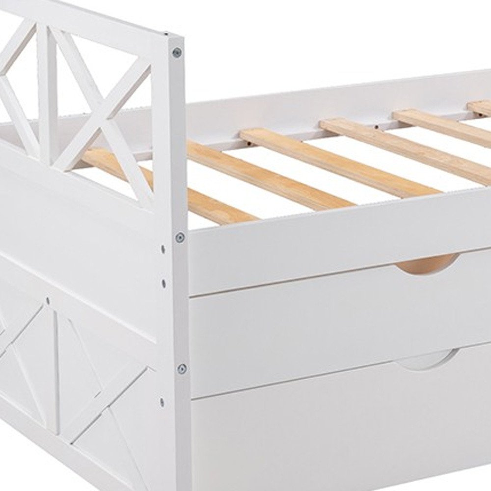 White Cross Back Wood Twin With Two Drawers Bed Frame with Trundle