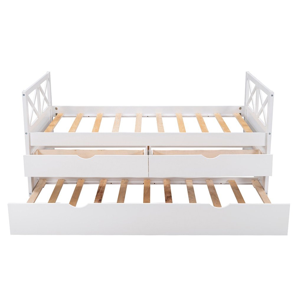 White Cross Back Wood Twin With Two Drawers Bed Frame with Trundle