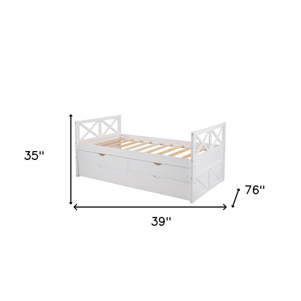 White Cross Back Wood Twin With Two Drawers Bed Frame with Trundle