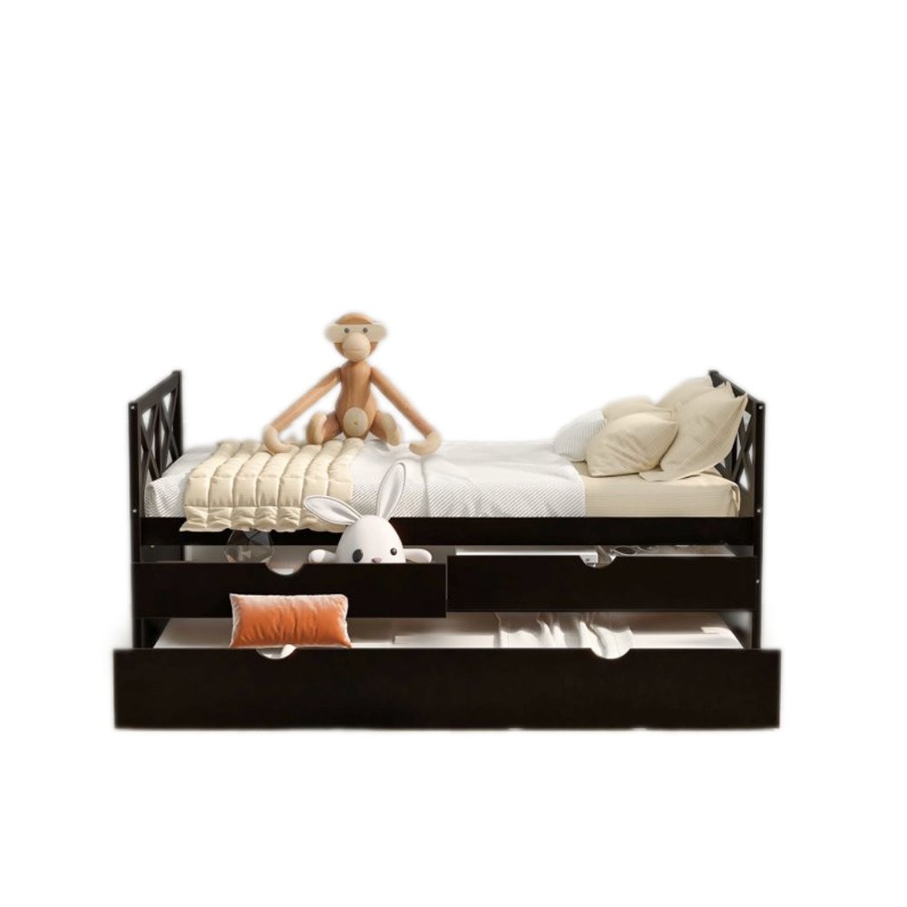 Espresso Cross Back Wood Twin With Two Drawers Bed Frame with Trundle