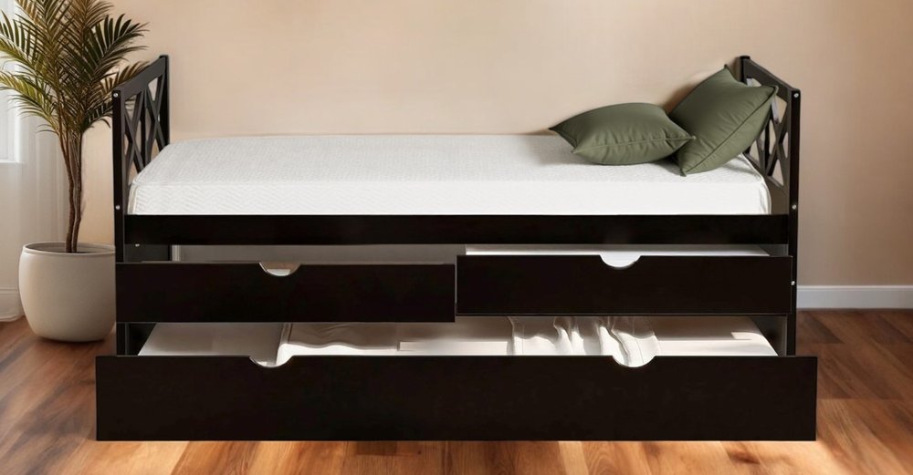 Espresso Cross Back Wood Twin With Two Drawers Bed Frame with Trundle