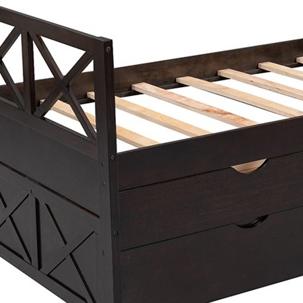 Espresso Cross Back Wood Twin With Two Drawers Bed Frame with Trundle