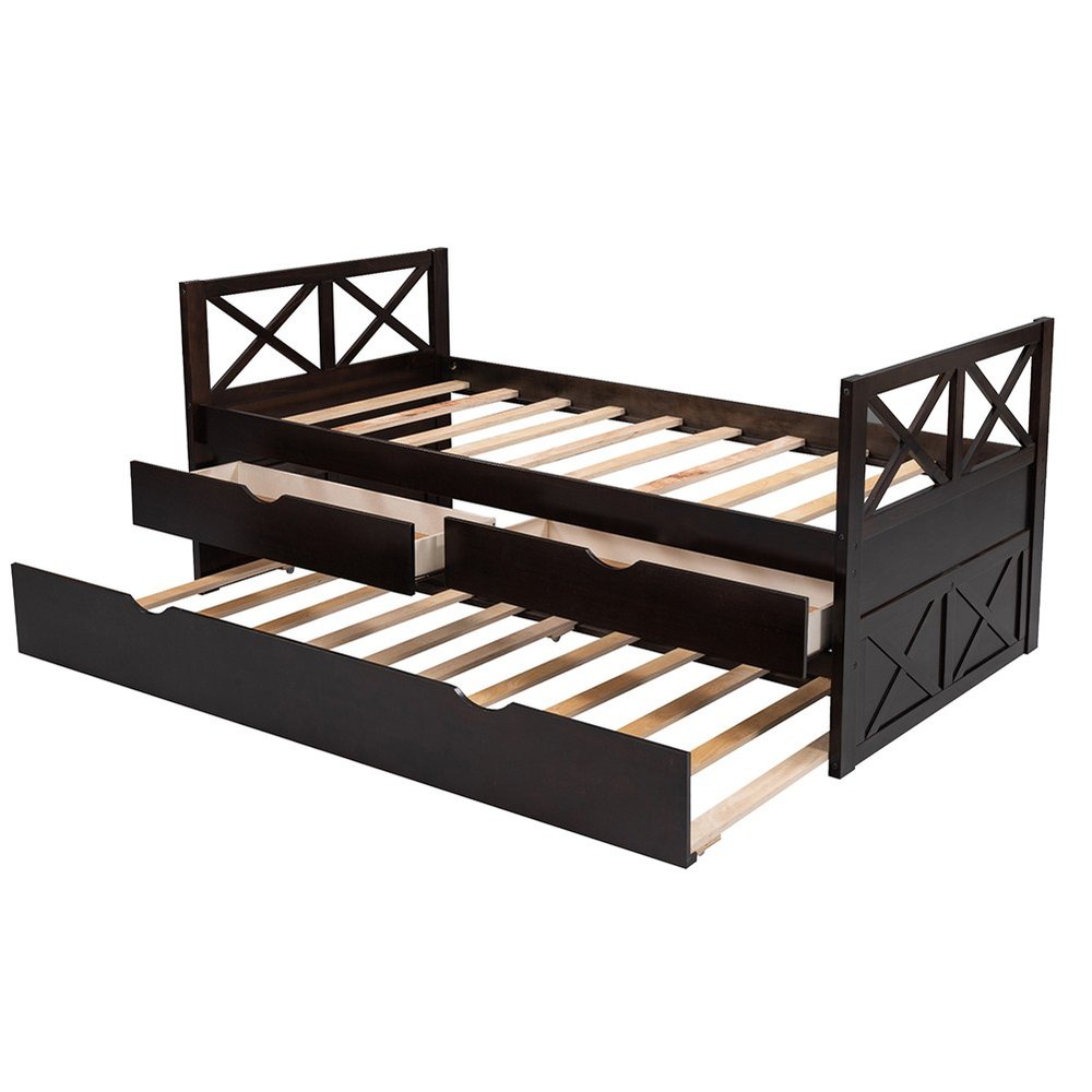 Espresso Cross Back Wood Twin With Two Drawers Bed Frame with Trundle