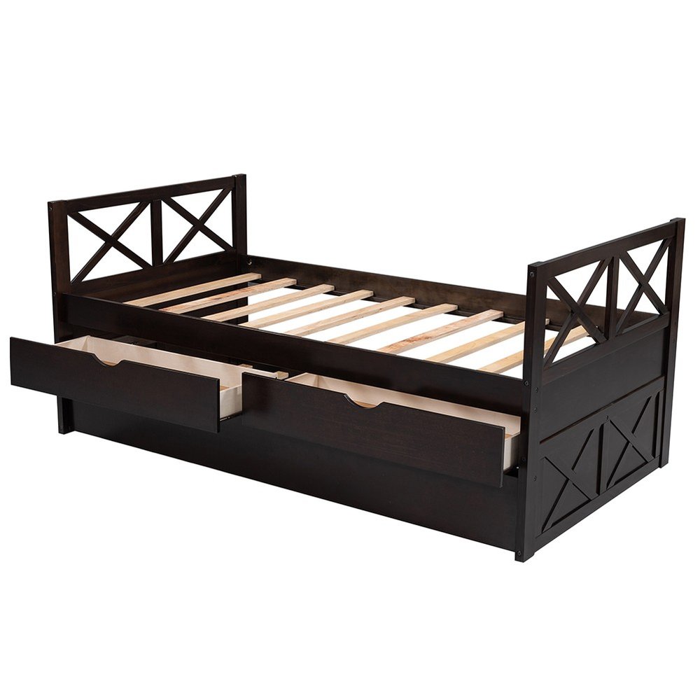 Espresso Cross Back Wood Twin With Two Drawers Bed Frame with Trundle