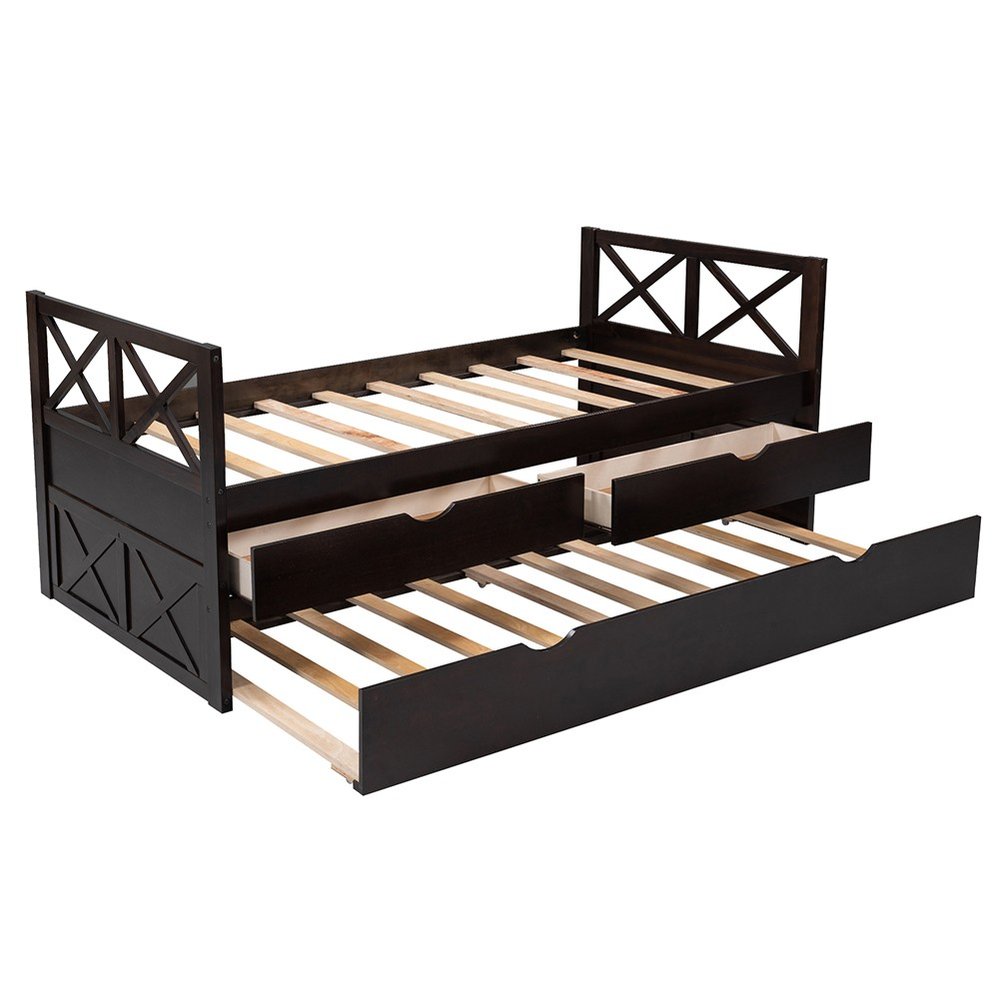 Espresso Cross Back Wood Twin With Two Drawers Bed Frame with Trundle