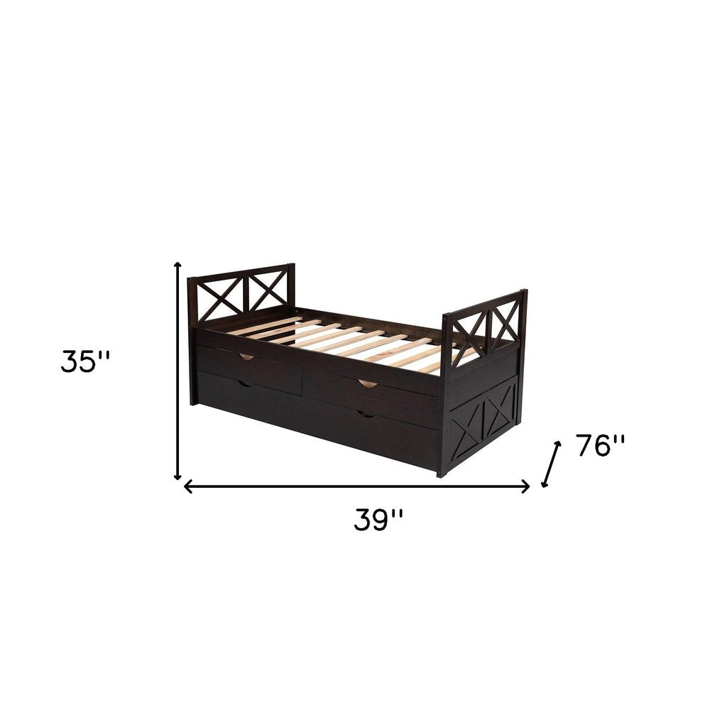 Espresso Cross Back Wood Twin With Two Drawers Bed Frame with Trundle