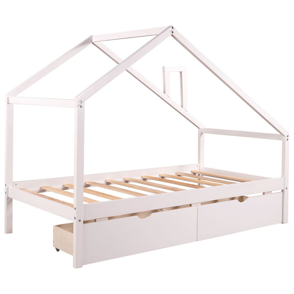 White Wood Twin Four Poster Bed Frame With Two Drawers