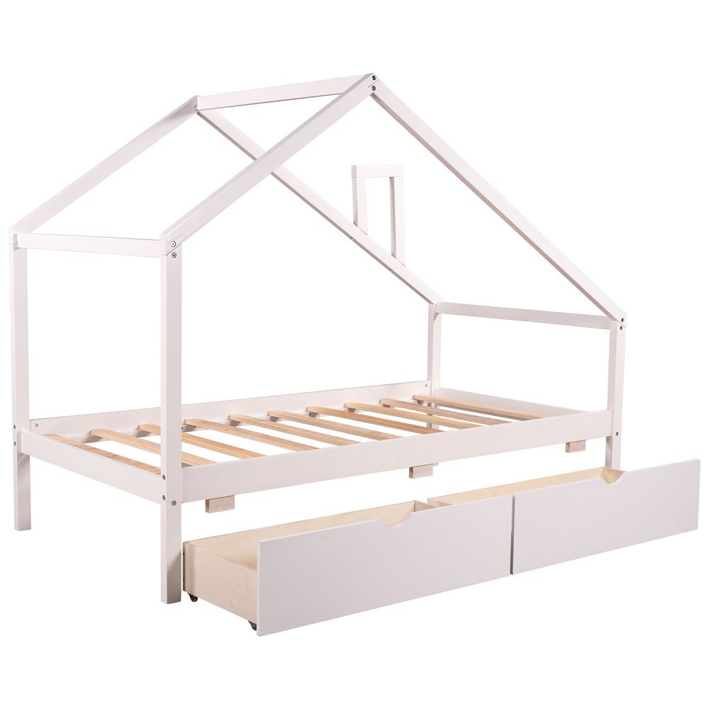White Wood Twin Four Poster Bed Frame With Two Drawers