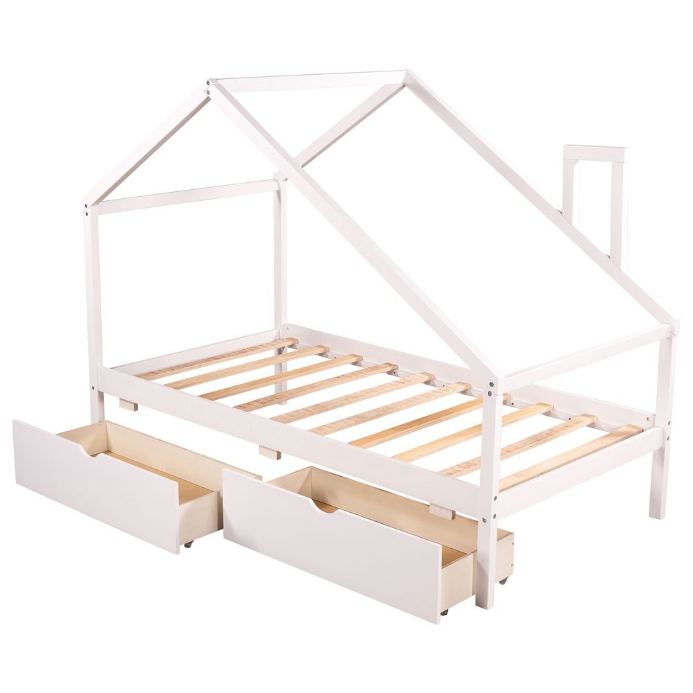White Wood Twin Four Poster Bed Frame With Two Drawers
