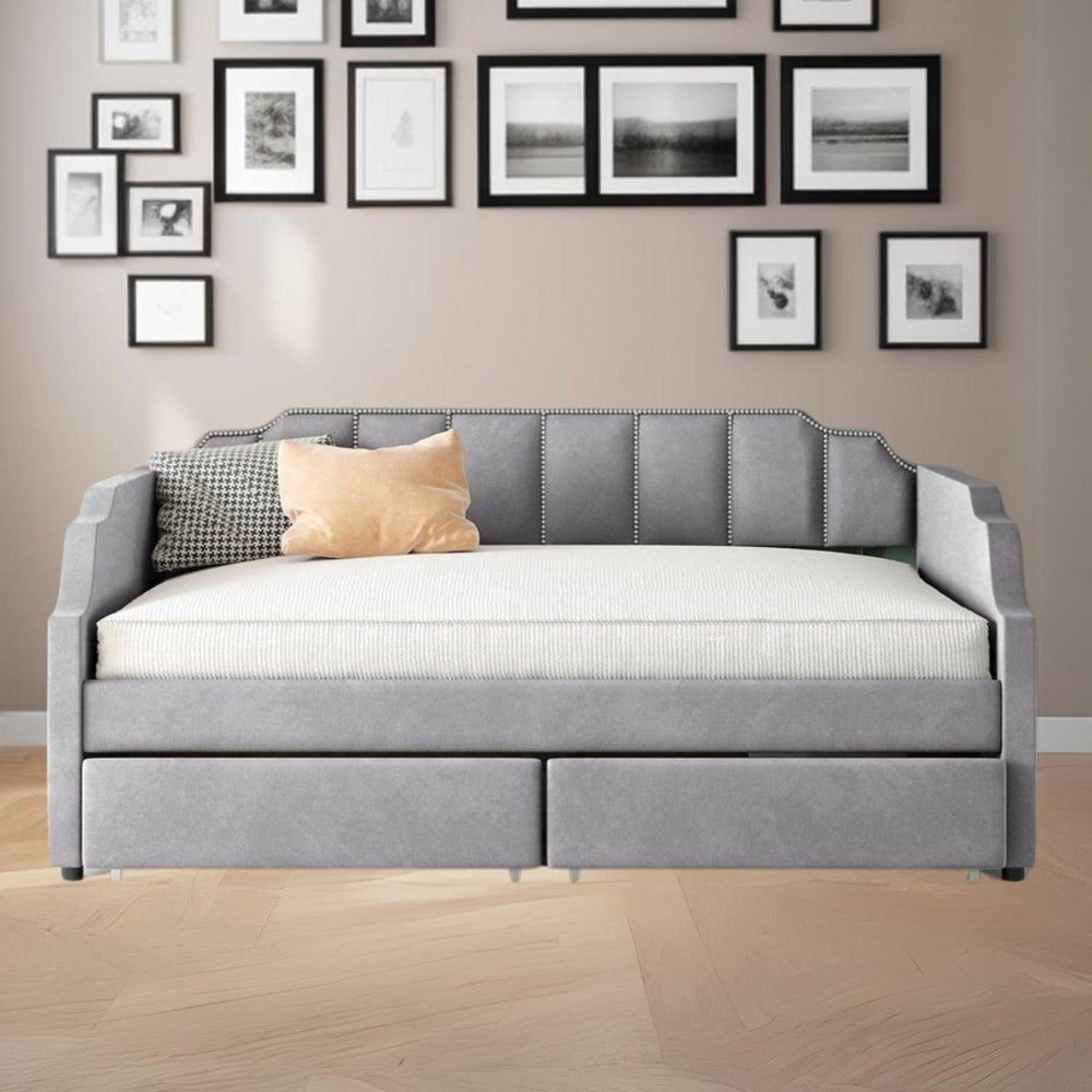 Gray Wood Upholstered Twin Bed Frame