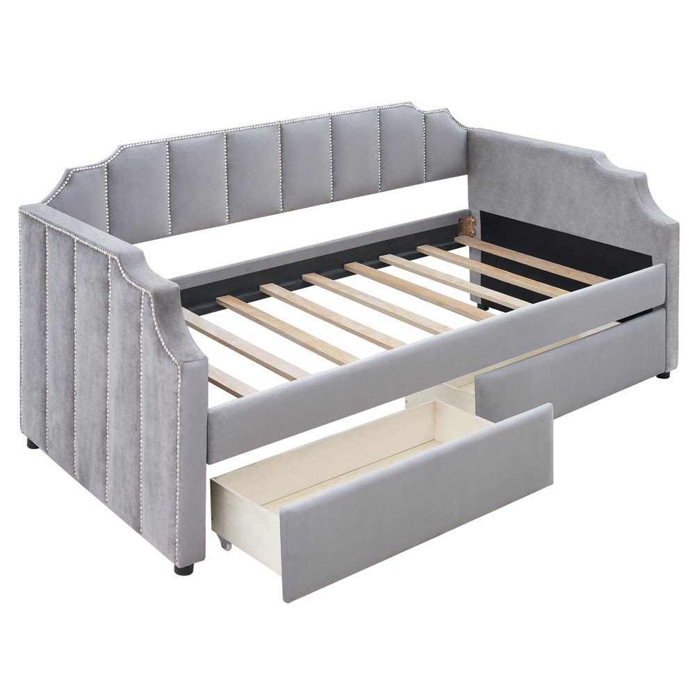 Gray Wood Upholstered Twin Bed Frame