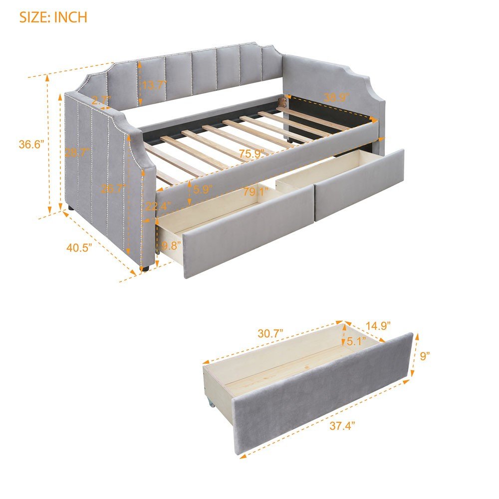 Gray Wood Upholstered Twin Bed Frame