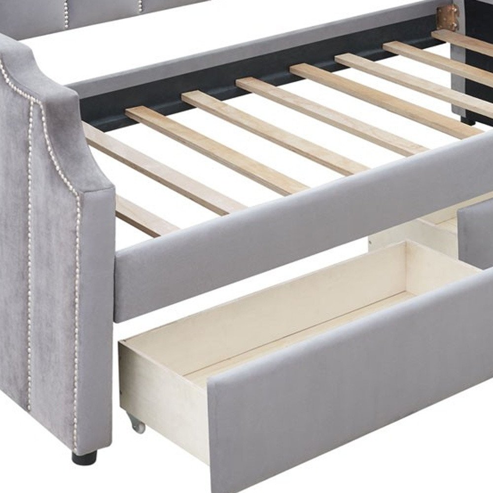 Gray Wood Upholstered Twin Bed Frame