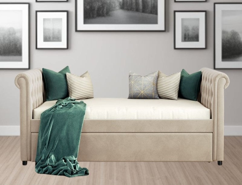 Beige Wood Tufted Upholstered Twin Bed Frame with Trundle