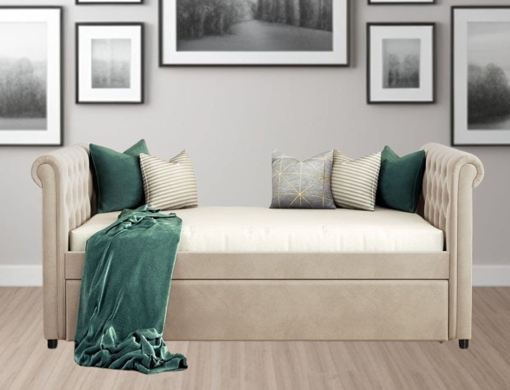 Beige Wood Tufted Upholstered Twin Bed Frame with Trundle