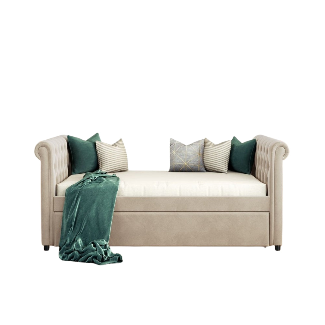 Beige Wood Tufted Upholstered Twin Bed Frame with Trundle