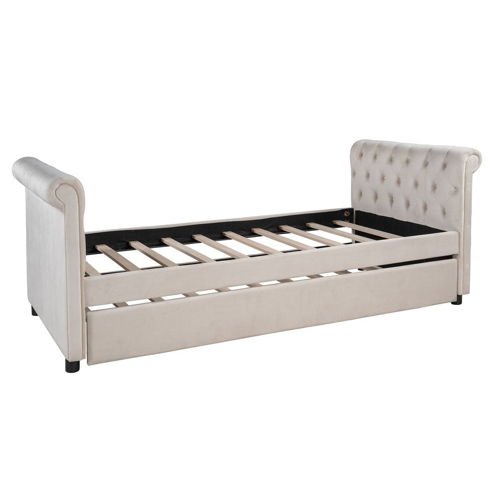 Beige Wood Tufted Upholstered Twin Bed Frame with Trundle