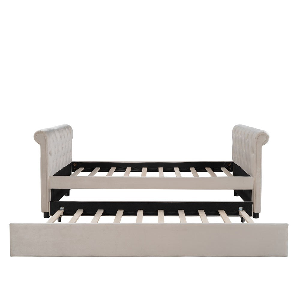 Beige Wood Tufted Upholstered Twin Bed Frame with Trundle
