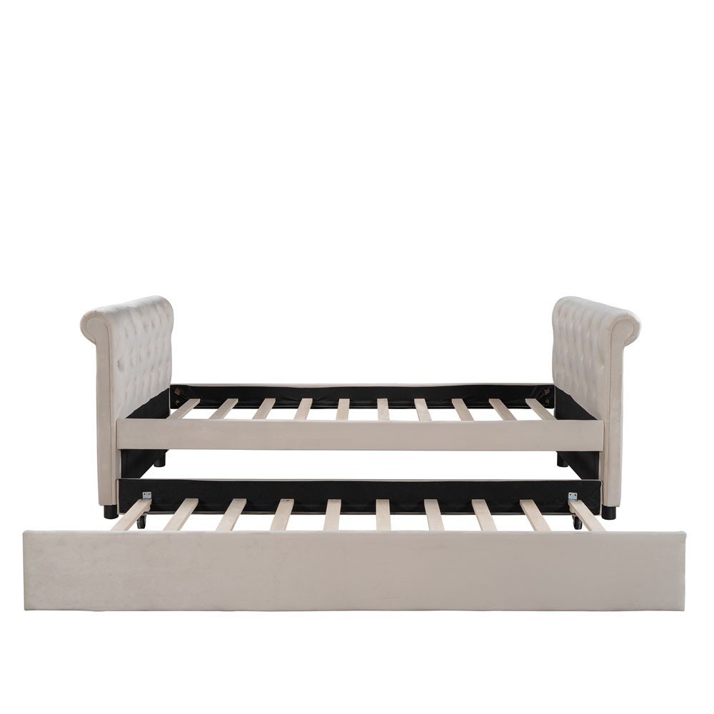 Beige Wood Tufted Upholstered Twin Bed Frame with Trundle