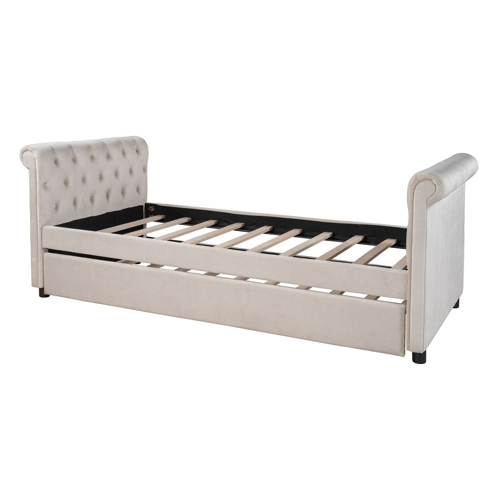 Beige Wood Tufted Upholstered Twin Bed Frame with Trundle