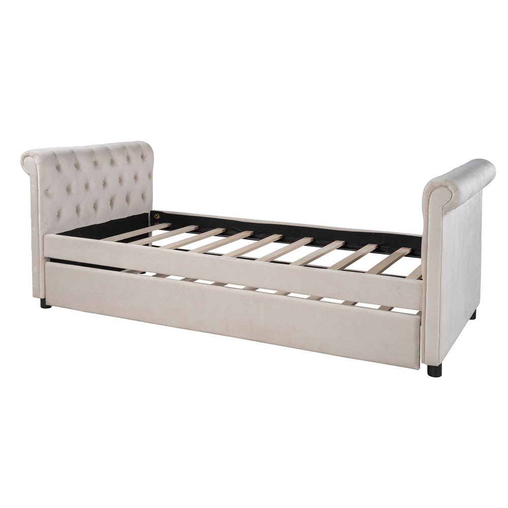 Beige Wood Tufted Upholstered Twin Bed Frame with Trundle