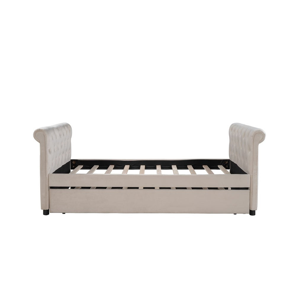 Beige Wood Tufted Upholstered Twin Bed Frame with Trundle