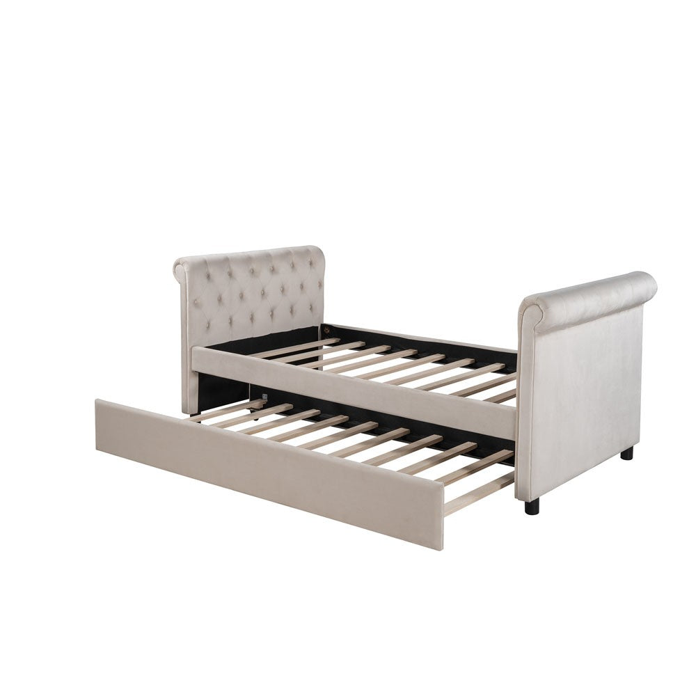 Beige Wood Tufted Upholstered Twin Bed Frame with Trundle
