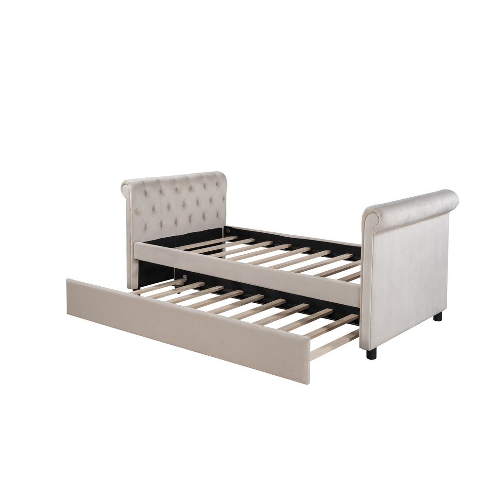 Beige Wood Tufted Upholstered Twin Bed Frame with Trundle