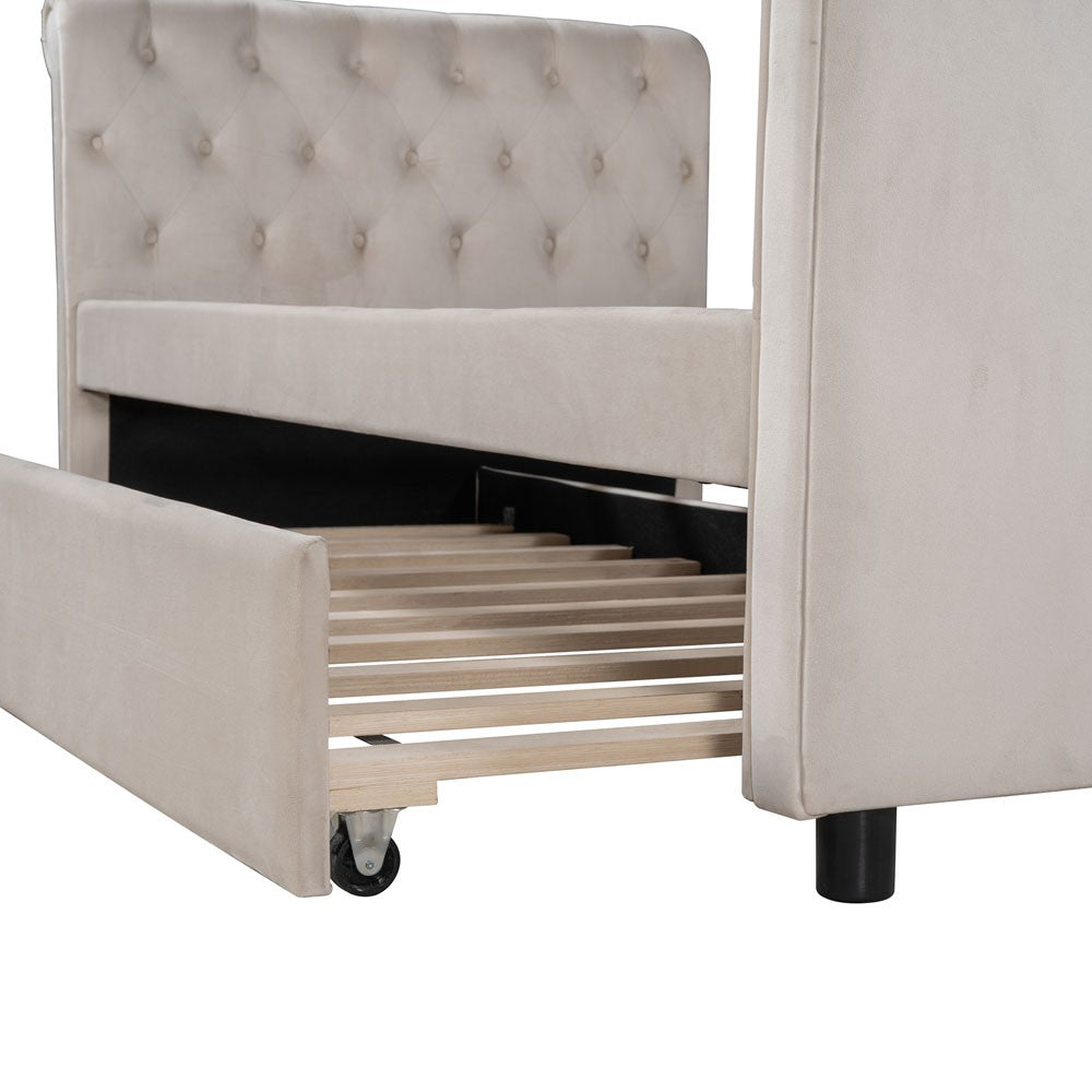 Beige Wood Tufted Upholstered Twin Bed Frame with Trundle