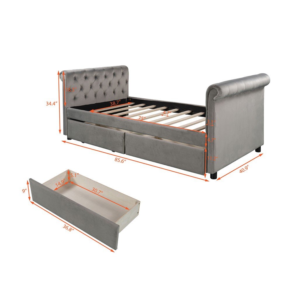 Gray Wood Tufted Upholstered Twin Sleigh Bed Frame