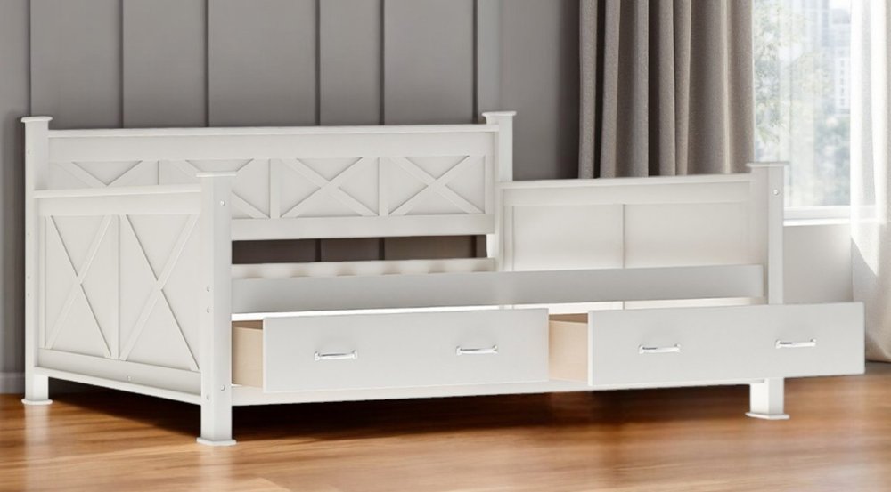 White Cross Back Wood Twin With Two Drawers Bed Frame