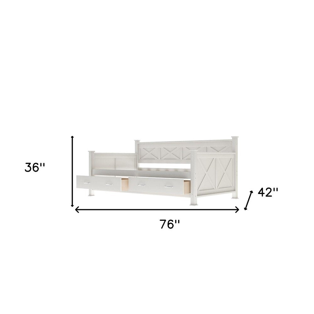 White Cross Back Wood Twin With Two Drawers Bed Frame