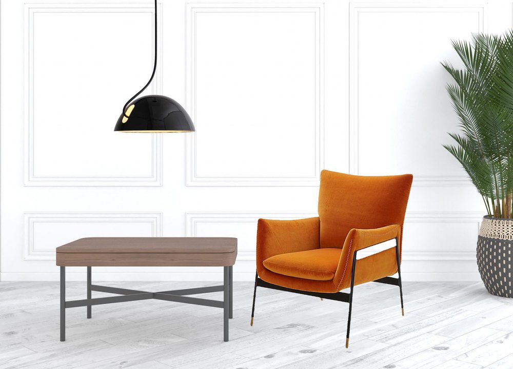 26" Orange And Black Velvet Wingback Chair