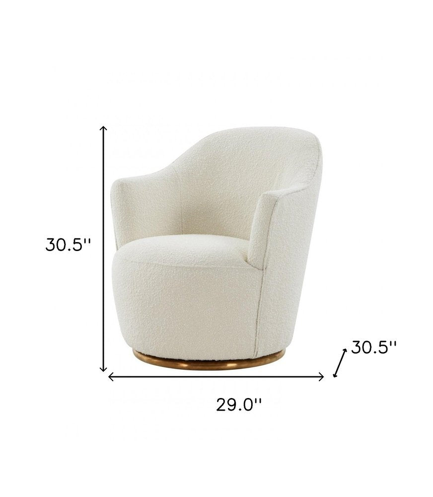 29" White And Gold Upholstered Swivel Barrel Chair