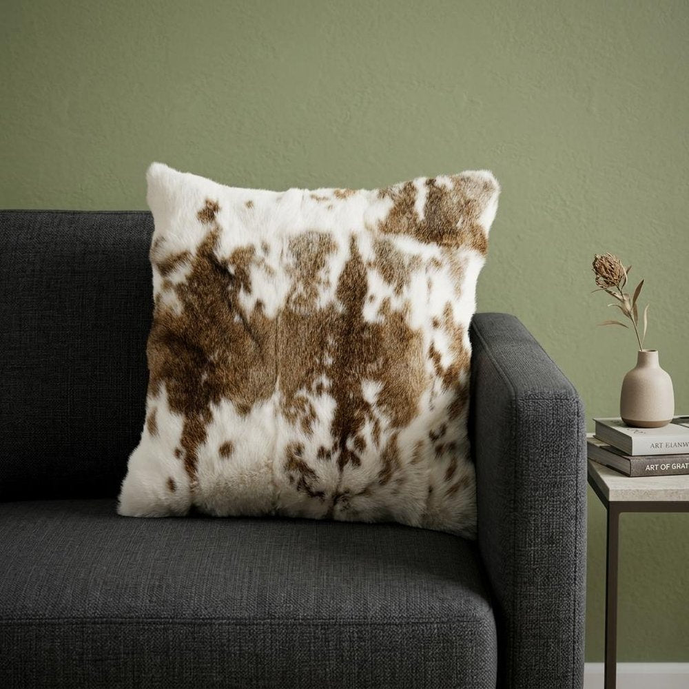 18" X 18" Brown And White Rabbit Zippered Natural Fur Animal Print Throw Pillow