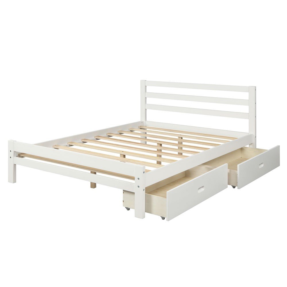 White Wood Full With Two Drawers Bed Frame