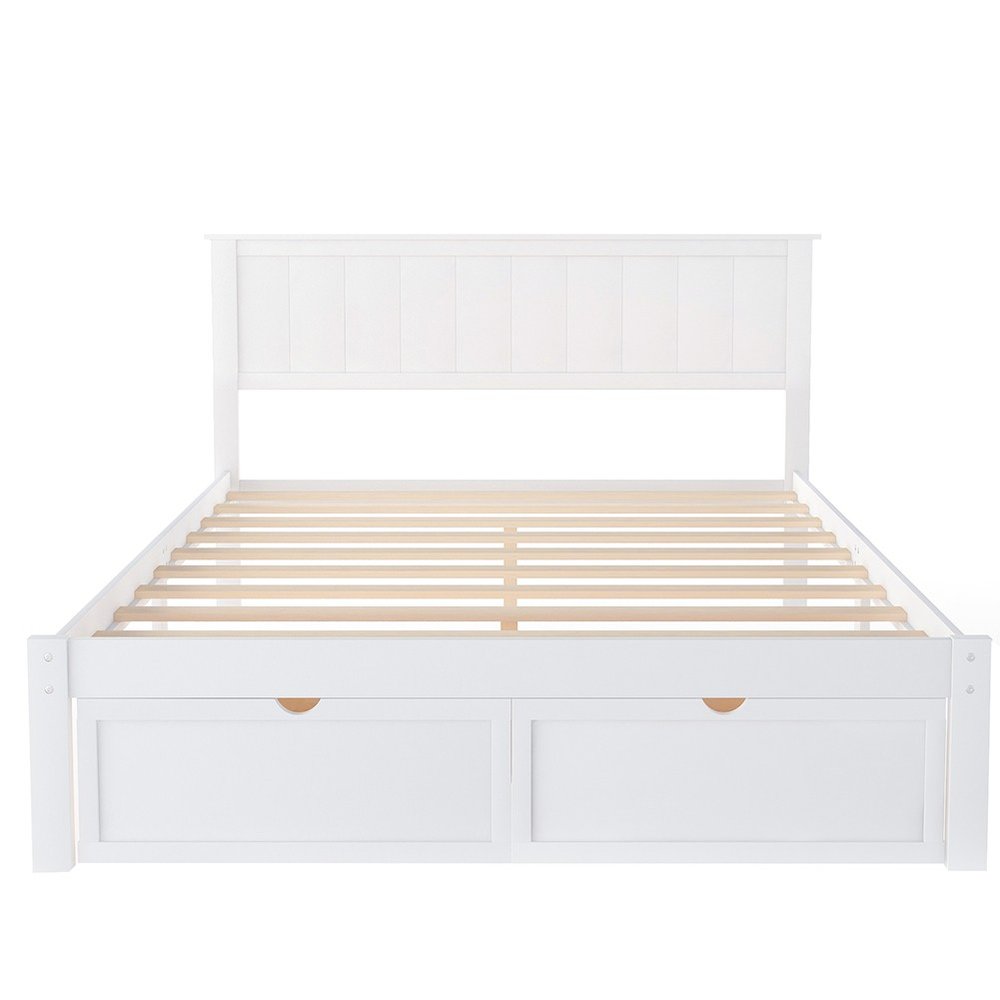 White Ribbed Texture Wood Full With Two Drawers Bed Frame