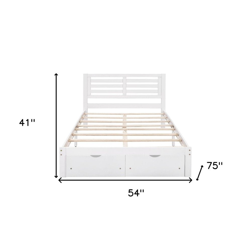 White Wood Full With Two Drawers Bed Frame
