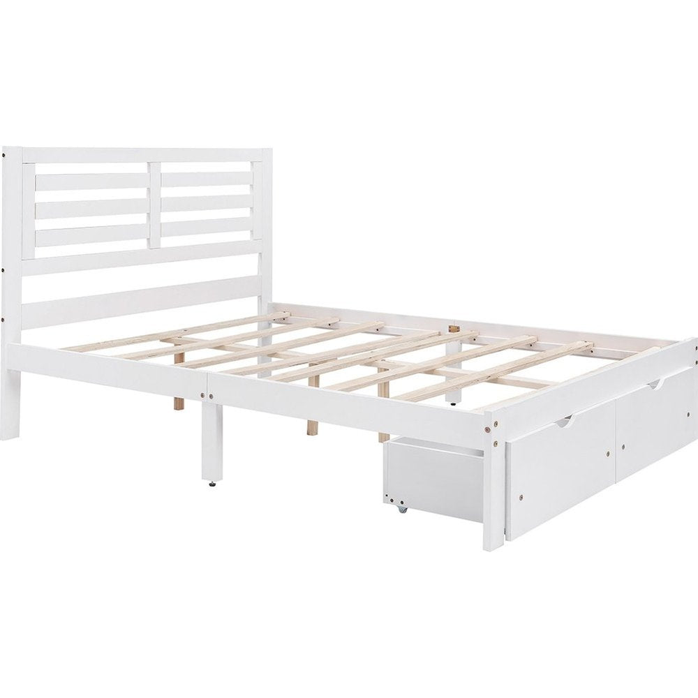 White Wood Full With Two Drawers Bed Frame