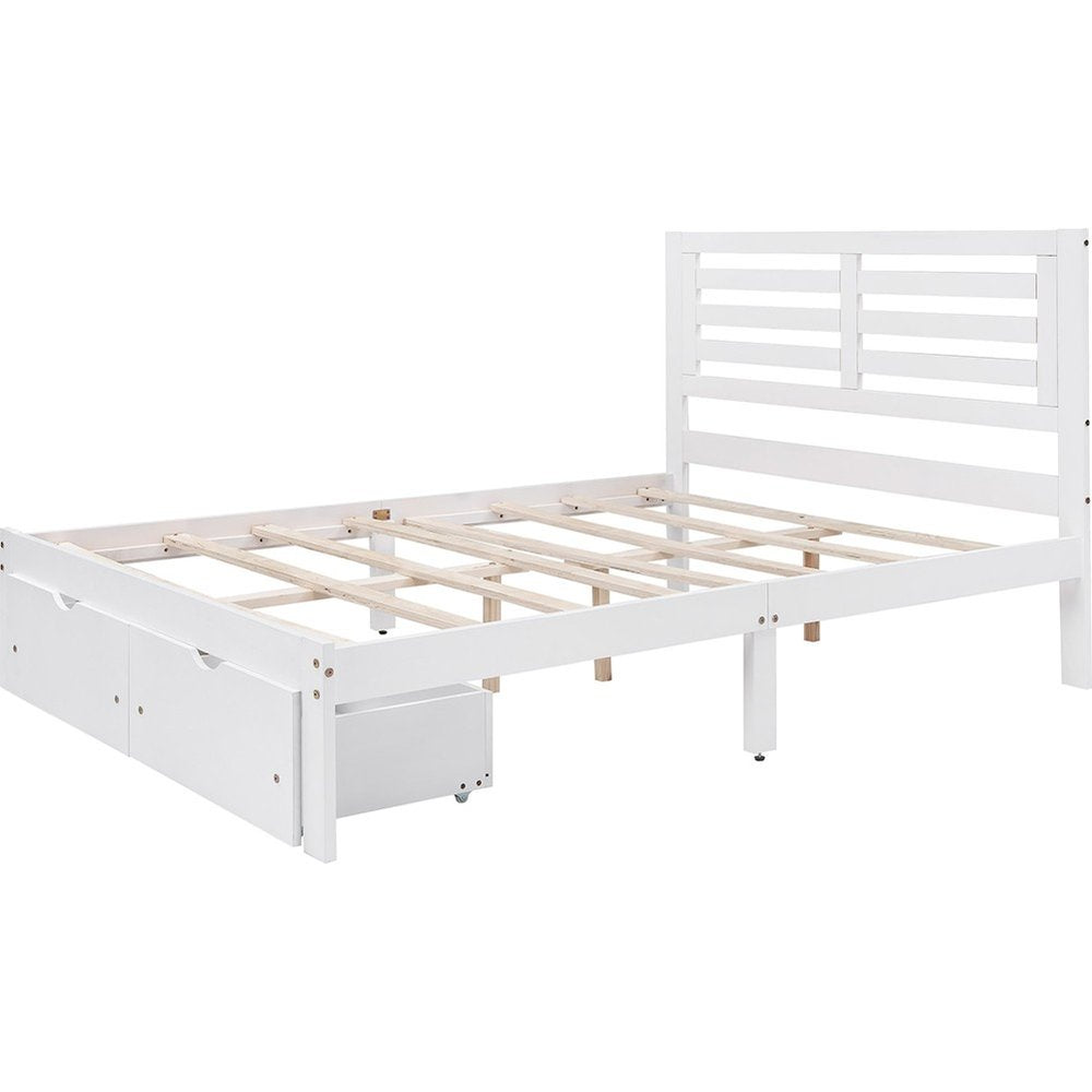 White Wood Full With Two Drawers Bed Frame