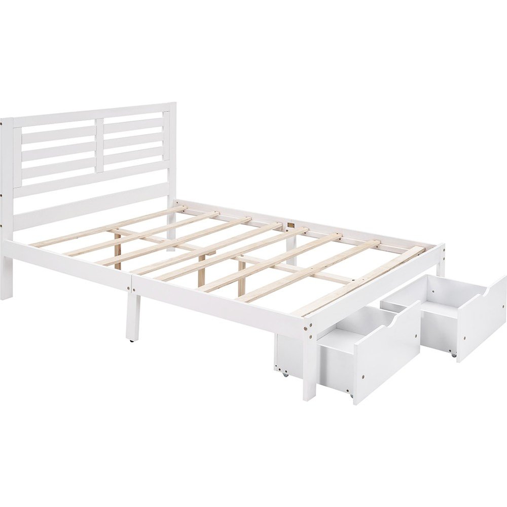 White Wood Full With Two Drawers Bed Frame