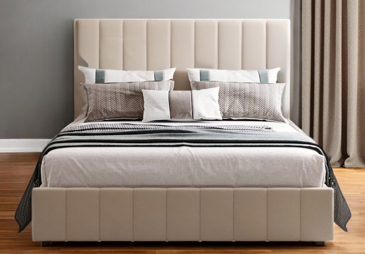 Beige Ribbed Texture Linen Blend Full Bed Frame