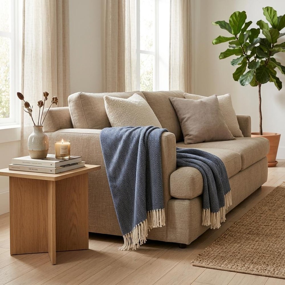 70" X 55" Navy Blue And White Cotton Blend Woven Herringbone Plush Throw Blanket with Tassels