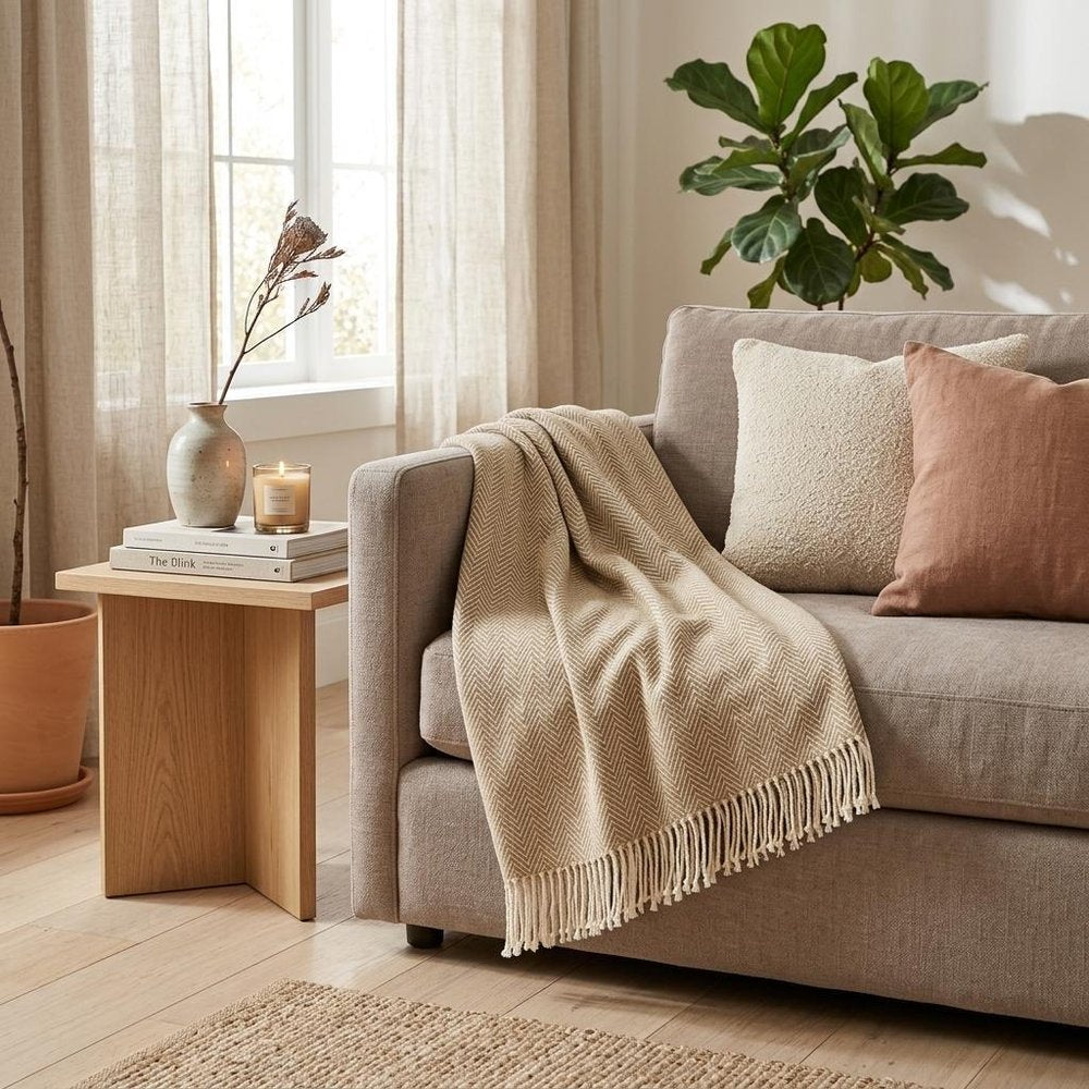 70" X 55" Copper And White Cotton Blend Woven Herringbone Plush Throw Blanket with Tassels