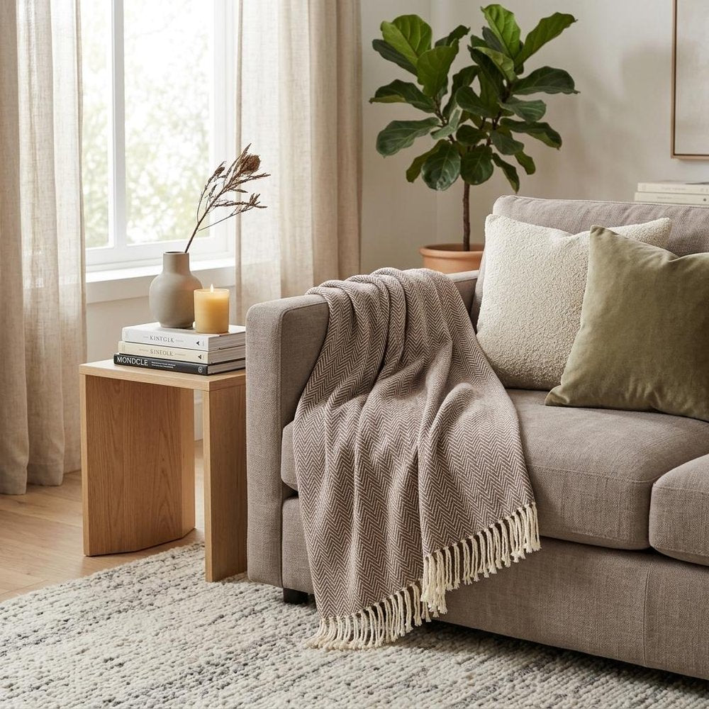 70" X 55" Brown And White Cotton Blend Woven Herringbone Plush Throw Blanket with Tassels