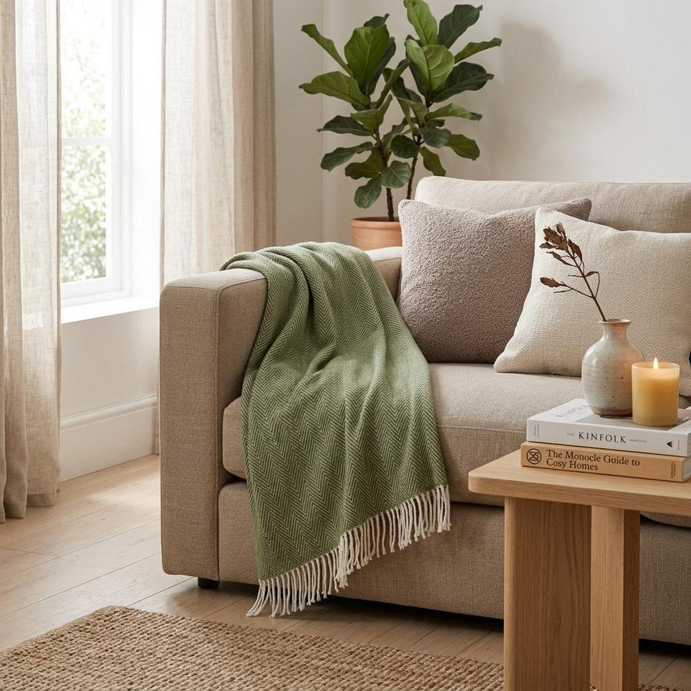 55" X 70" Moss Green And White Cotton Blend Woven Herringbone Plush Throw Blanket with Tassels