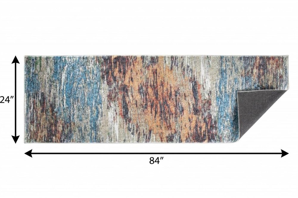 8' Blue And Beige Abstract Runner Rug